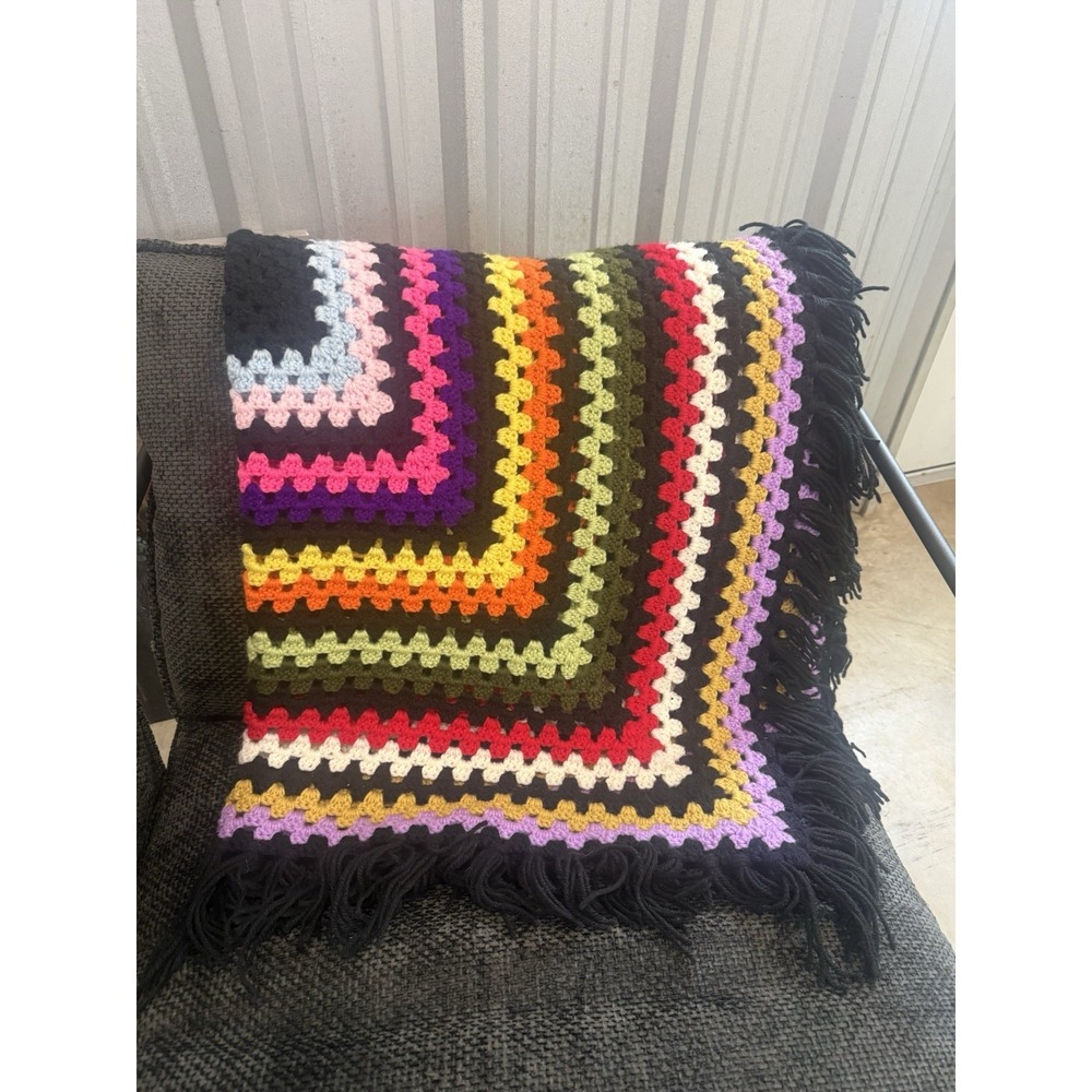 45 Inch Afghan Crochet Blanket Vibrant Colors Vintage Pre Loved